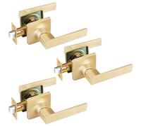 EHOMEWARE 3 Pack Brushed Brass Door Handles Gold Interior Door Knobs, Keyless Passage Door Levers for Hallway or Closet, Reversible Handing