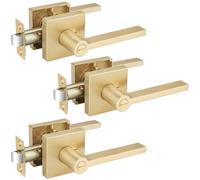 EHOMEWARE 3 Pack Gold Door Knobs Interior, Satin Brass Privacy Door Lever | Bathroom Bedroom Door Locks without Key | Heavy Duty Keyless Privacy Door Handles, Locked Inside | Sl esign & Durable