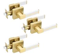 EHOMEWARE 3 Pack Gold Interior Door Handles, Passage Door Levers for Hallway Closet, Brass Door Knobs with White Leather, Keyless Door Handle for Left Right Sided Doors