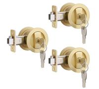 EHOMEWARE 3 Pack Keyed Pocket Door Lock, Satin Brass Pocket Door Handles, Round Sliding/Bifold Door Hardware, Flush Pocket Door Latch, Heavy Duty Flat Door Knob