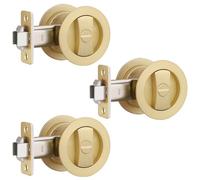 EHOMEWARE 3 Pack Pocket Door Handles Interior, Satin Brass Pocket Door Hardware Without Key, Privacy Pocket Door Locks for Bathroom, Round Recessed Bi-fold/Sliding Door Lock
