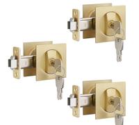 EHOMEWARE 3 Pack Satin Brass Pocket Door Handles, Keyed Alike Pocket Door Hardware, Square Door Lock for Sliding/Bifold Doors, Modern Recessed Pocket Door Latch, Heavy Duty Zinc Alloy