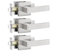 EHOMEWARE 3 Pack Satin Nickel Door Knob, Door Knobs Interior with Lock, Keyless Privacy Door Knob, Bedroom Door Handle, Bathroom Door Knob, Square Door Lever for Left/Right Sided Doors