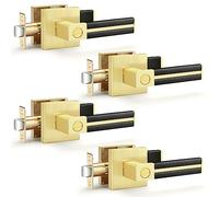 EHOMEWARE 4 Pack Gold Door Knobs with Lock, Keyless Interior Door Handle with Black Leather, Heavy Duty Privacy Door Lever for Bedroom Bathroom, Reversible Door Lever for Right or Left Handed Doors