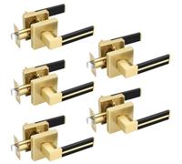 EHOMEWARE 5 Pack Gold Interior Door Handles Brass Door Levers with Black Leather, Unlocking Keyless Passage Function Handle Set/Door Levers, Non-Locking Handles Universal Handing