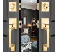 EHOMEWARE Double Front Door Handle Set, 1 Pack Satin Brass Square Door Lever, Exterior Door Knob & Deadbolt Combo, Door Lock Set for Front/Back/Office Doors, Heavy Duty Door Handle