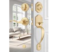 EHOMEWARE Gold Front Door Handle and Deadbolt Set, Exterior Door Lock Set, Keyed Different Entry Door Handle, Satin Brass Finish, Wave Door Lever for Left/Right Handed Doors