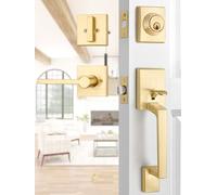 EHOMEWARE Gold Front Door Handle Set, Brass Heavy Duty Square Door Lever & Single Cylinder Deadbolt Combo Reversible for Entrance Exterior Doors 1 Set