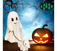 EHOTER Ghost Walking Dog Statue Spooky Ghost Dog Halloween Figurine with 8pcs Mini Luminous Halloween Decor Ghost Walking His Ghost Dog Ghost Decor for Indoor Outdoor (A,15cm)