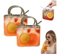 EHOTER Glass Purse for Drinks with Straw Purse Drinking Glass Handbag Shaped Cocktail Glasses Cups Unique Wine Glasses Vase Handbag Vases with Handle for Fruit Juice Flowers Fish Tank (2PCS)
