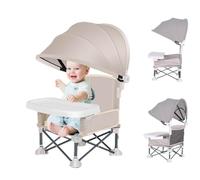 EHOTER Toddler Chair Booster Seat 2024 Portable Baby Feeding Chair with Tray & Canopy Foldable Baby Camping Chair for Outdoor Travel Beach Camping (Beige)