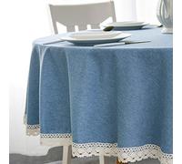EHouseHome Faux Linen Table Cloth with Lace Trim - Waterproof/Spill Proof/Stain Resistant/Wrinkle Free/Oil Proof - for Banquet, Parties, Dinner, Wedding, Holiday, Water Blue Round 60Inch