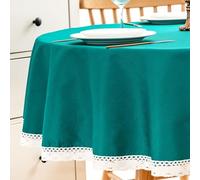 EHouseHome Faux Linen Tablecloth with Lace Trim - Waterproof/Spill Proof/Stain Resistant/Wrinkle Free/Oil Proof - for Banquet, Parties, Dinner,Wedding,Holiday,Teal, Round 60Inch