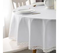 EHouseHome Faux Linen Tablecloth with Lace Trim - Waterproof/Spill Proof/Stain Resistant/Wrinkle Free/Oil Proof - for Banquet, Parties, Dinner,Wedding,Holiday,White Round 70Inch