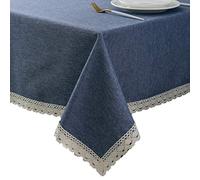 EHouseHome Faux Linen Tablecloth with Lace Trim - Waterproof/Spill Proof/Stain Resistant/Wrinkle Free/Oil Proof - for Banquet, Parties,Dinner,Kitchen,Wedding,Holiday,Denim Blue Rectangle 60x84Inch