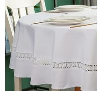 EHouseHome Heavy Duty Fabric Tablecloth with White Lace-Waterproof/Wrinkle Free/Stain Resistant/Oil Proof-for Dining, Indoor & Outdoor, Wedding, Holiday,White,Round 70 Inch