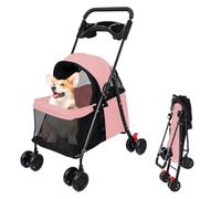Ehozirta Folding Pet Stroller for Small & Medium Pets, 360° Rotatable Wheels with Dual Rear Brakes, Breathable Mesh & Large Storage, Waterproof Oxford Cloth Pet Cart with Cup Holder Pink