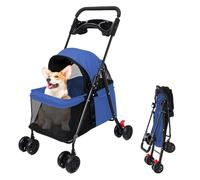 Ehozirta Folding Pet Stroller for Small & Medium Pets, 360° Rotatable Wheels with Dual Rear Brakes, Breathable Mesh & Large Storage, Waterproof Oxford Cloth Pet Cart with Cup Holder Navy Blue