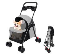 Ehozirta Folding Pet Stroller for Small & Medium Pets, 360° Rotatable Wheels with Dual Rear Brakes, Breathable Mesh & Large Storage, Waterproof Oxford Cloth Pet Cart with Cup Holder Light Grey