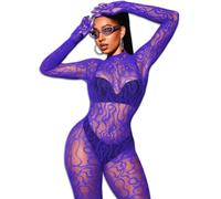 EHSUYAB Women Sexy Fishnet Full Bodysuit, Mesh Lace Poster Jumpsuit Glow Party Rave Outfits, Body Stockings Halloween Costume, Purple, One Size