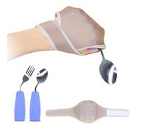 Ehucon Adaptive Cutlery with Universal Elastic Utensil Holder Cuff Set,Eating Utensils Easy Grip for Hand Tremors,Parkinsons or Disabled(Spoon&Fork&Holder Cuff Set(L))