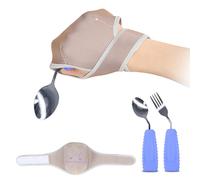 Ehucon Adaptive Cutlerys with Universal Elastic Utensil Holder Cuff Set,Eating Utensils Easy Grip for Hand Tremors,Parkinsons or Disabled(Spoon&Fork&Holder Cuff Set(R))