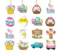 Ehuixinsheng 24PCS Easter Wooden Hanging Ornaments Kits,Easter Wooden Colourful Egg and Bunny With Hemp Ropes Crafts DIY Eggs Hanging Set for Kids for Easter Tree,Spring Home Décor,Rustic Vintage