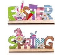 Ehuixinsheng 2Pcs Wooden Easter Table Decorations,Spring Easter Bunny Carrot Gnome Letter Happy Sign Stand Crafts Bunny Ornament Gifts for Kids Adults for Home Dinner Party Office Indoor Decoration