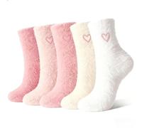 Ehuixinsheng 5Pairs Pink Fluffy Fuzzy Socks for Women's,Cute Soft Coral Fleece Thick Pink Comfort Slipper Heart Sock Winter Night Sleep Socks for Girls Christmas Gifts Size 4-7