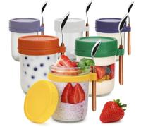 EHWINE 6 Pack 450 ml Overnight Oats Glasses, Glass Cereal Cups to Go with Lid and Spoon, Glass Bottles Container, Preserving Jars, Salad Cups, Container for Cow's Milk, Yogurt, Porridge, Muesli