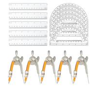 Ehwisbe 20 Pieces Geometry Math Set Compass and Protractor Set Metal Compass with Pencil Plastic Ruler and Protractor Student School Woodworking Drawing Tools