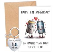 Eiapadeor 10th Wedding Anniversary Card Gift - 2PCS Anniversary Tin Gifts, 10 Years Wedding Card With Envelopes, Unique Heart Keyring, Funny 10th Tin Card for Wife Husband Couple