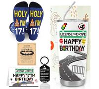 Eiapadeor 17th Learner Driver Birthday Gift - 5 Pcs 17 Year Old Learning to Drive Travel Mug with Lid Straw Wristlet Socks Keyring Greeting Card Gift for Boy Him for Christmas Birthday Graduation