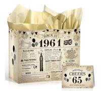 Eiapadeor 65th Birthday Gift Bag - Vintage Back in 1961 Birthday Decorations for Women Men, Large Wrapping Bag with Handle Tissue Paper Greeting Card, 65 Year Old Birthday Party Decor Supplies