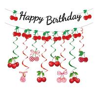 Eiapadeor Cherry Birthday Party Decorations - 10 Pcs Sweet Cherry Decor for Girls Women, Glitter Cherries Happy Birthday Banner, Cherries Ceiling Hanging Swirls Decorations Decor Party Favors Supplies