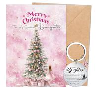 Eiapadeor Daughter Christmas Gifts Set - Pink Merry Christmas Tree Card with Keyring for Birthday Xmas Gift to My Daughter from Mum Dad Stepdad Stepmum