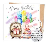 Eiapadeor Funny Hedgehog Birthday Card Gift - Watercolour Hedgehogs Happy Birthday Greeting Card with Keychain Hedgehog Gifts for Men Women Him Her Animal Lover