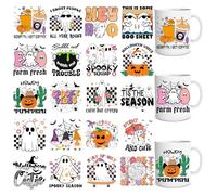 Eiapadeor Halloween Rub on Transfers for Crafts - 20 Sheets Ghost Pumpkin UV DTF Cup Wraps, Halloween Theme UVDTF Wraps, Waterproof Rub on Decals for DIY Glass Cups Mug Tumbler