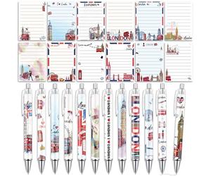 Eiapadeor London Sticky Notes with Pens - 24 Pcs UK Notepads London Souvenir Ballpoint Pens Gifts Set British Flag Notes Black Ink Pen for Women Men Traveler Study Home Office School Party Favor