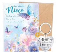 Eiapadeor Niece Birthday Card Keyring - Flower Butterfly Greeting Card with Heart Shape Keychain Birthday Valentines Day Christmas Gifts for Niece from Auntie Uncle Women