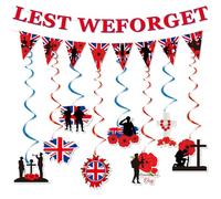 Eiapadeor Remembrance Day Decorations for Party - 11 Pcs Lest We Forget Flag Bunting, Lest We Forget Banner, Red Poppy Hanging Swirls, Poppy Flags for Outdoor Garden, Soldiers Heroes Anniversary Decor