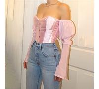 EIBA Corsets For Women,Corsets For Women Sexy Plain Pink Off Shoulder Bustier Corset Tops Satin Long Sleeve Lace Up Boned Overbust Push Up Corset Shapewear Gothic Clubwear Bodice,4Xl