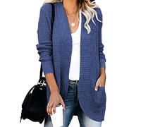 EIBA Ladies Cardigans,Women'S Knitted Cardigans Fashion Solid Color Denim Blue Curved Placket Open Front Sweaters Cardigan Autumn Winter Classic Basic Long Sleeve Knit Outerwear Coat,S