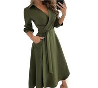EIBA Women'S Casual Dresses,Women'S Shirt Dress Sexy V Neck Wrap Dress Casual Long Sleeves Armygreen Flowing Maxi Dress Elegant Dress With Pocket Sundress Rockabilly Dress Cocktail Party,M