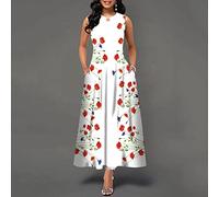 EIBA Womens Dresses,Women's Casual Bohemian Maxi Dress Slim Long Sleeveless White Poppy Flower Flowing Dress Elegant Sexy Scoop Collar Sundress Beach Everyday Cocktail Party Dress