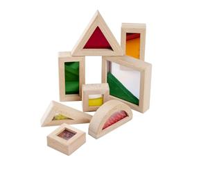Eichhorn Building Blocks with Window - 8 Piece Set of Coloured Beech Wood Elements with Sand, Balls or Mirror, Promotes Sensory and Motor Skills, Wood, Acrylic and ABS, A