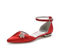 EICOFF Flats Shoes Women Rhinestone Satin Wedding Shoes for Bride Pointed Toe Ankle Strap Low Heel Prom Evening Bridal Party Dress Flats,Red,7 UK