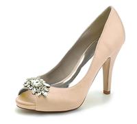 EICOFF Ivory Wedding Shoes Women's Silk Like Satin Stiletto Heel Peep Toe Pumps Slip-on Platform Rhinestone Work Evening Party Dress Shoes,Champagne,6.5 UK