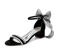 EICOFF Open Toe Chunky Block Heels Satin Pearl Wedding Shoes Women's Heels Sandals for Bride, Bridesmaids, Mother of the Bride,Black,6.5 UK