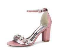 EICOFF Rhinestone Heels Wedding Shoes for Bride White Satin Block Heel Open Toe Ankle Strap Formal Bridal Shoes Party Dress Sandals,Flesh Pink,4.5 UK